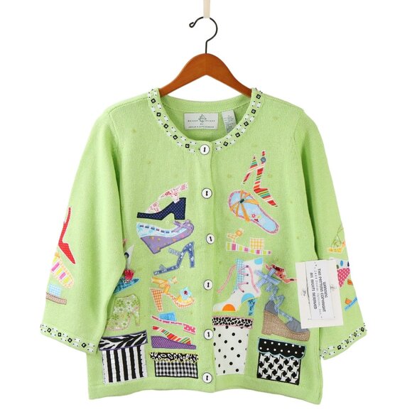 NWT Design Options Philip & Jane Gordon Shoes Applique Cardigan Sweater M - Picture 1 of 9